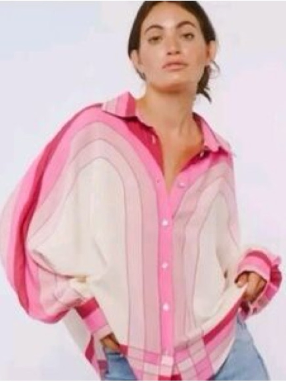 CIBBON Pink Multi-Stripe Silk Button-Up Blouse